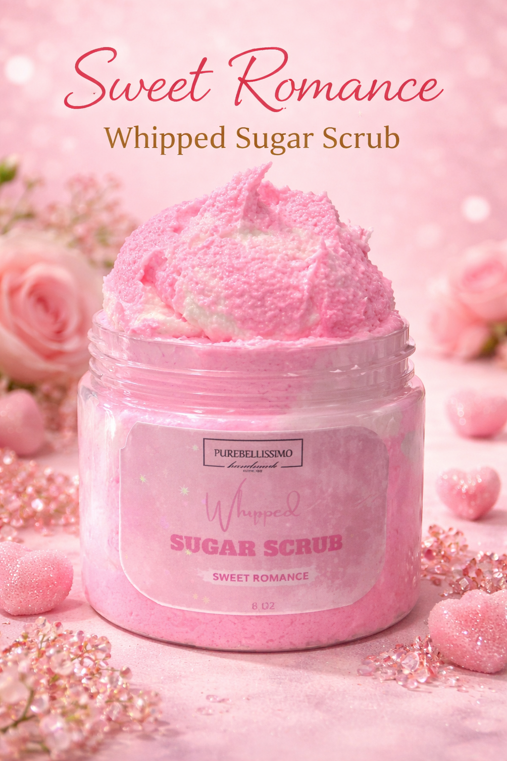 Whipped Sugar Scrub – Sweet Romance | Exfoliating Body Scrub | Soft Smooth Skin | Feminine Sweet Scent | 8 oz | PureBellissimo