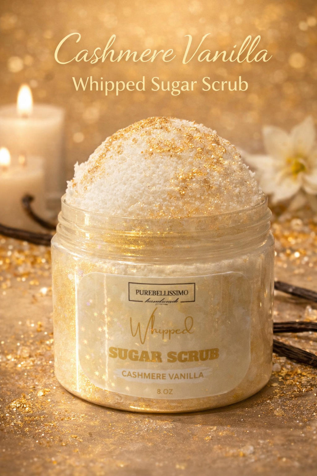 Whipped Sugar Scrub – Cashmere Vanilla | Exfoliating Body Scrub | Soft Smooth Skin | Warm Cozy Scent | 8 oz | PureBellissimo