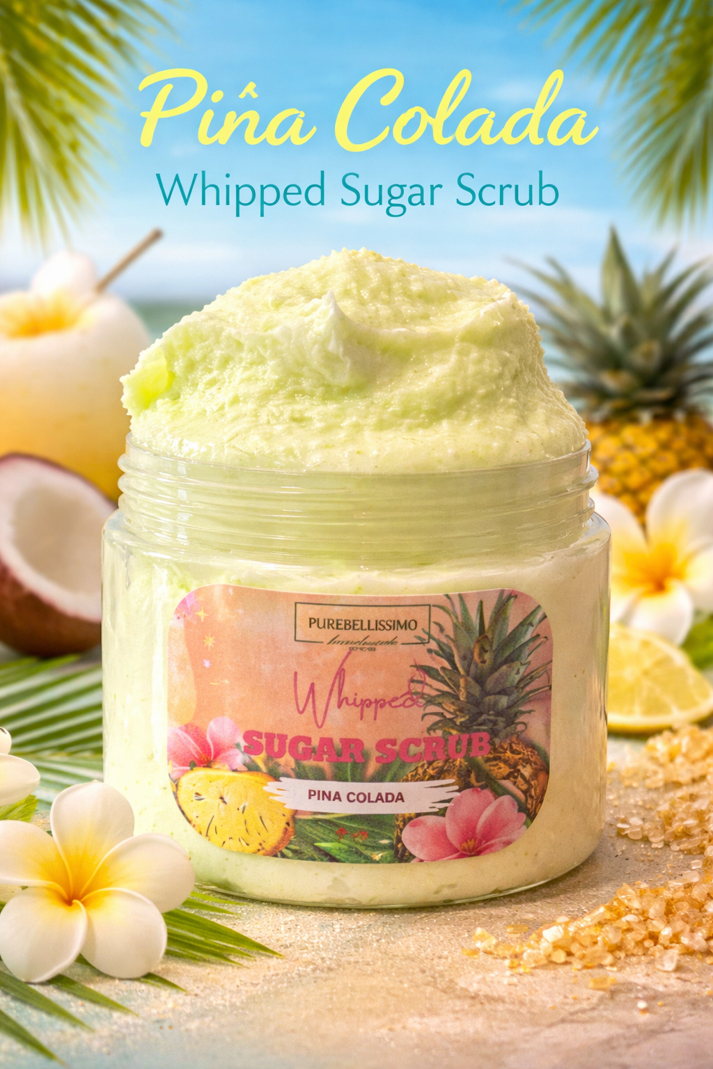 Whipped Sugar Scrub – Piña Colada | Exfoliating Body Scrub | Soft Smooth Skin | Tropical Coconut Pineapple Scent | 8 oz | PureBellissimo