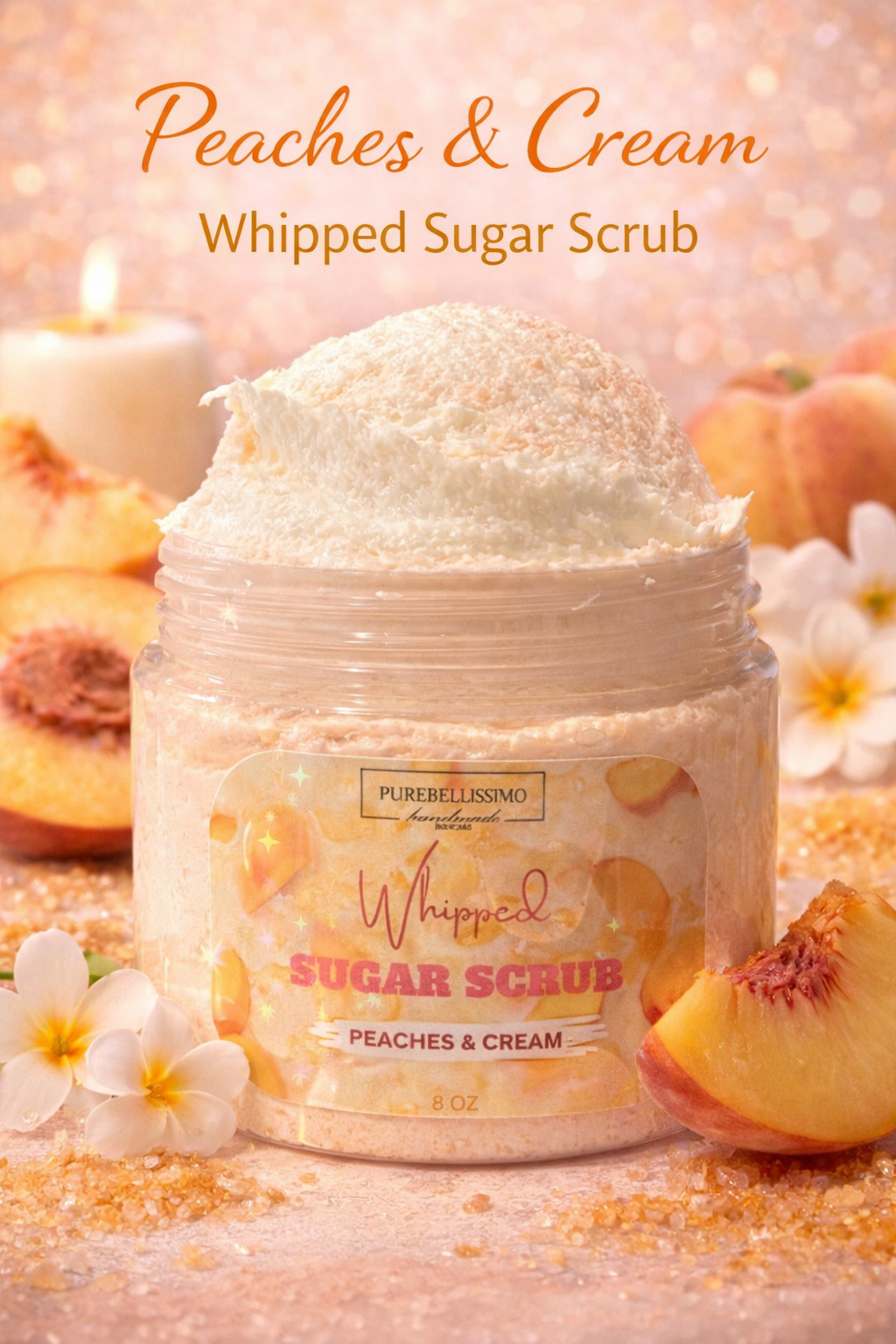 Whipped Sugar Scrub – Peaches & Cream | Exfoliating Body Scrub | Soft Smooth Skin | Sweet Fruity Scent | 8 oz | PureBellissimo