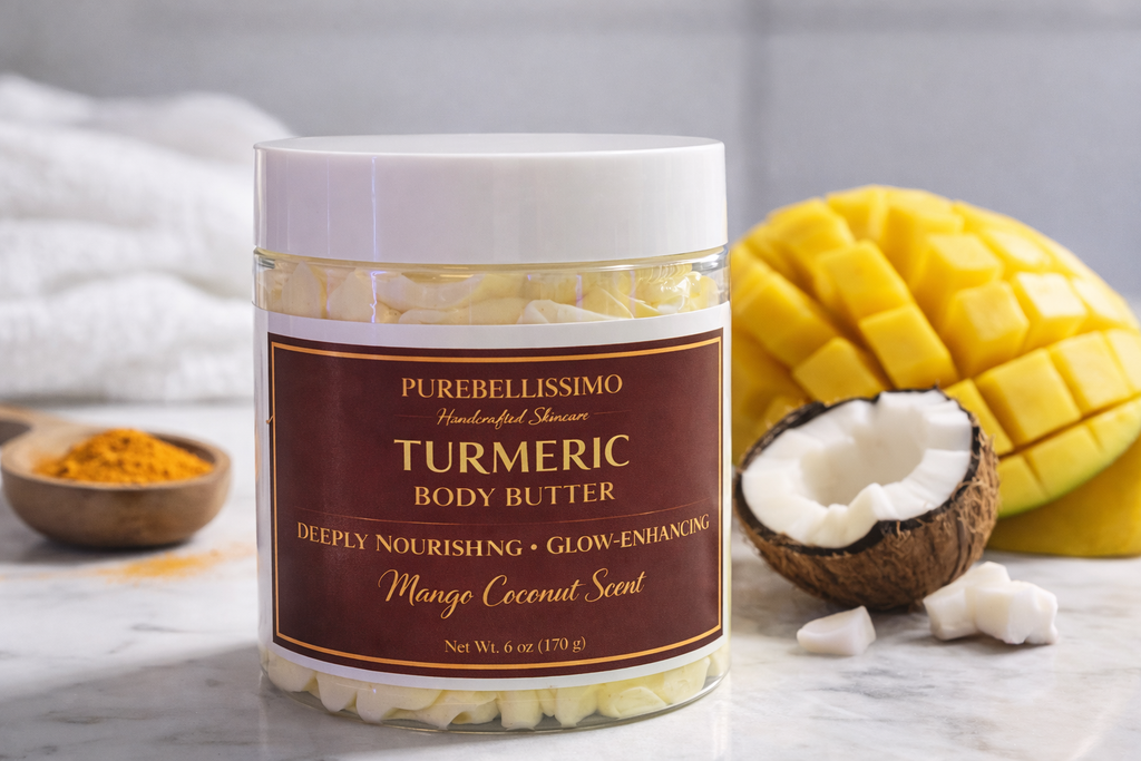 Turmeric Brightening Body Butter Melanin Skin- Mango Coconut | Deeply Nourishing Glow Brightening Butter | PureBellissimo