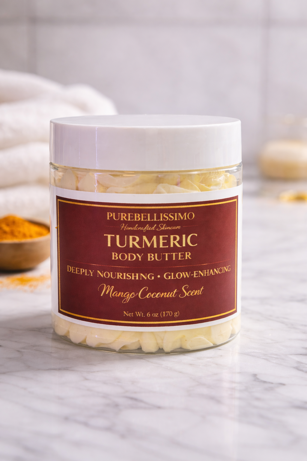 Turmeric Brightening Body Butter Melanin Skin- Mango Coconut | Deeply Nourishing Glow Brightening Butter | PureBellissimo