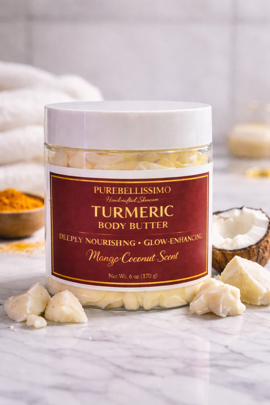 Turmeric Brightening Body Butter Melanin Skin- Mango Coconut | Deeply Nourishing Glow Brightening Butter | PureBellissimo
