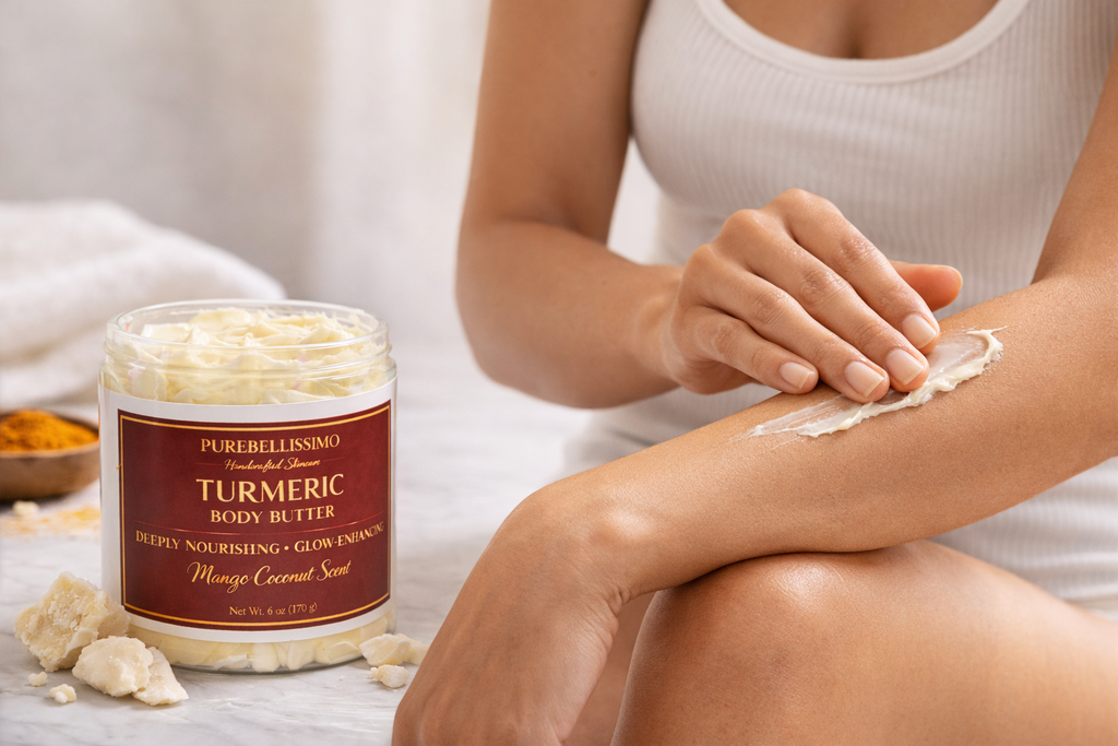 Turmeric Brightening Body Butter Melanin Skin- Mango Coconut | Deeply Nourishing Glow Brightening Butter | PureBellissimo