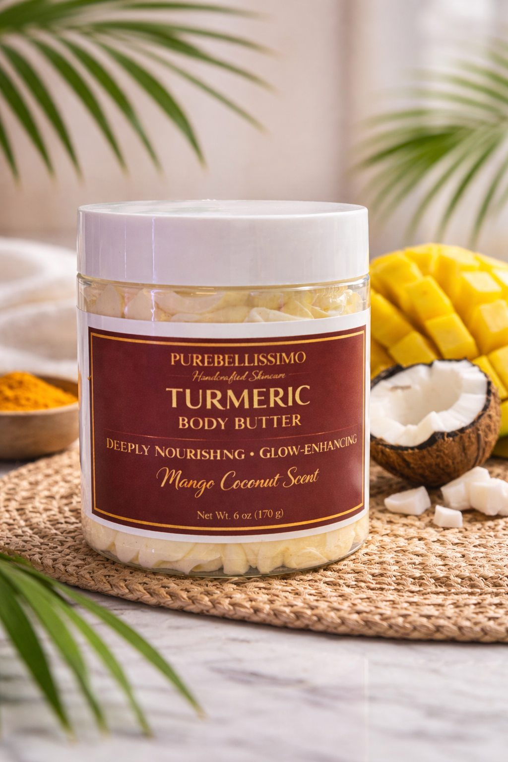 Turmeric Brightening Body Butter Melanin Skin- Mango Coconut | Deeply Nourishing Glow Brightening Butter | PureBellissimo
